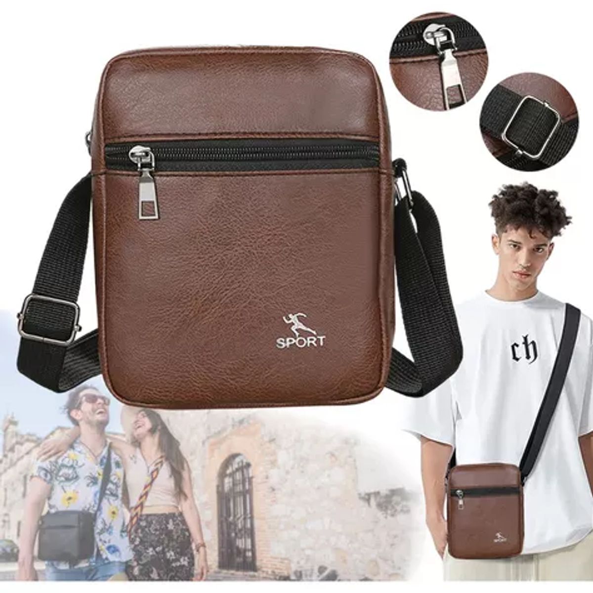 GENERICO - Bolso Piel Vintage Bandoleras Hombre