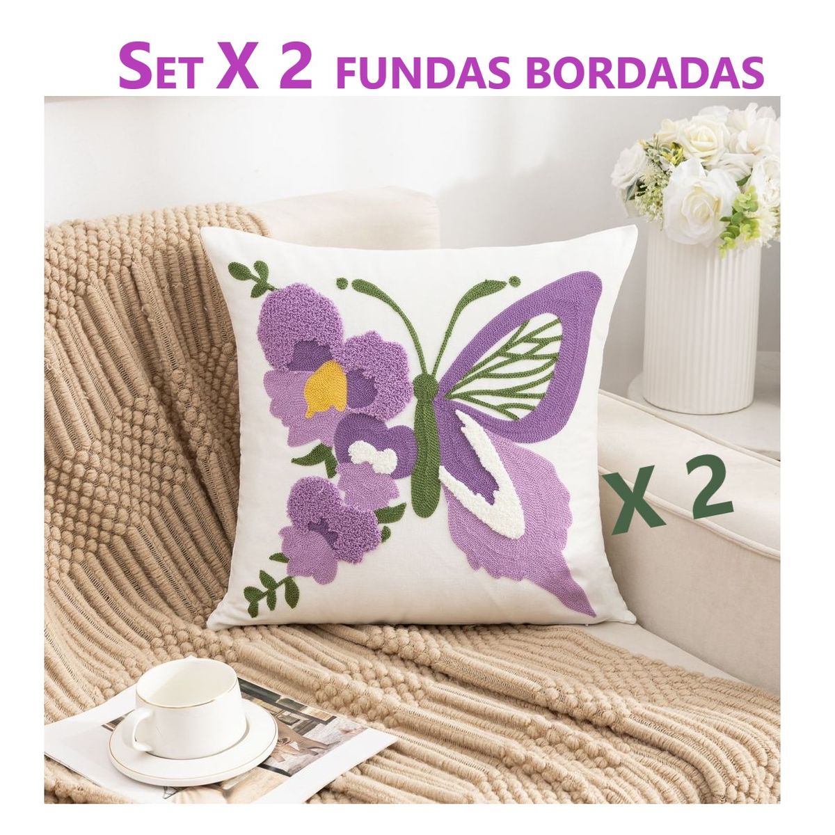 Set X 2 Fundas para Cojín Bordado Mariposa Lila 45x45 cm, marca GENERICO - Foto Principal