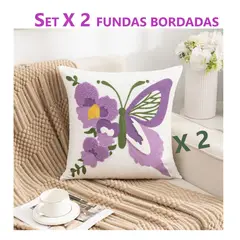 GENERICO - Set X 2 Fundas para Cojín Bordado Mariposa Lila 45x45 cm