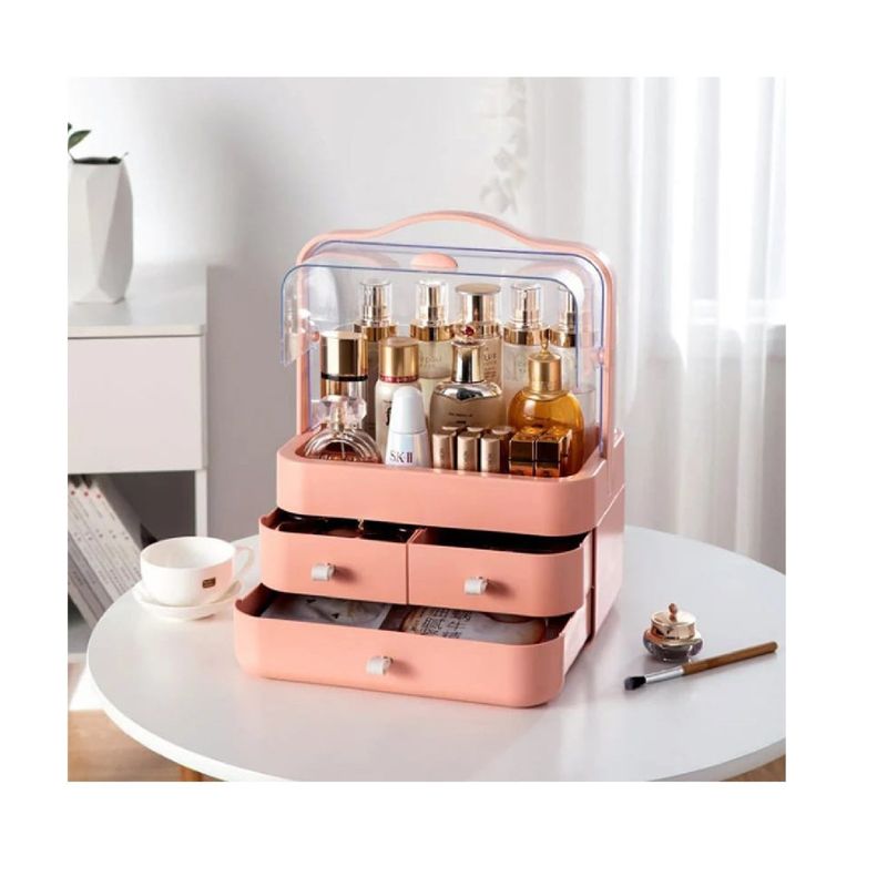 GENERICO - COSMETIQUERO CON TAPA ESTILO ELEGANTE DOBLE CAJONERAS ROSA