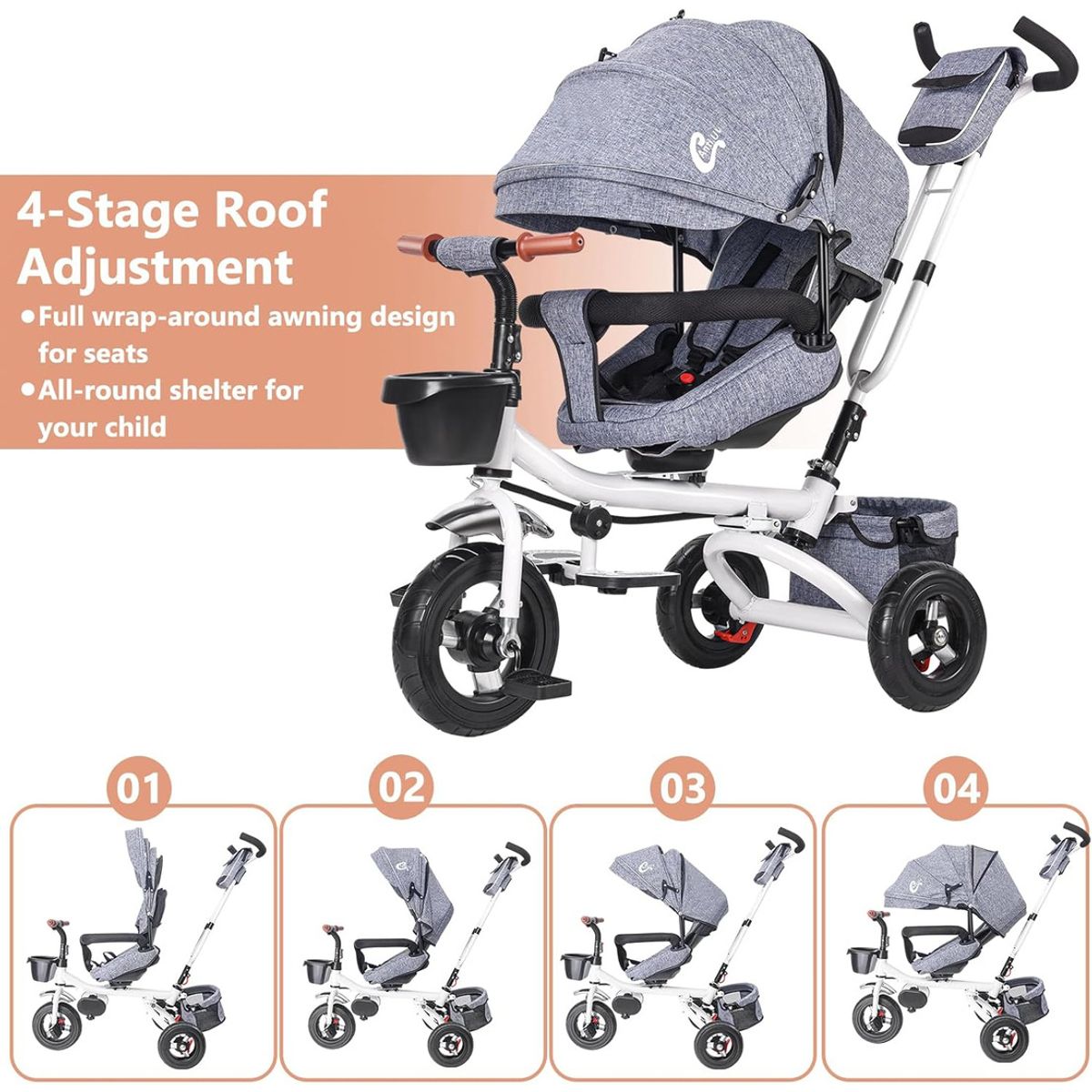 U BUY - Cochecito Plegable 4 En 1 Para Niños De 1 A 7 Años