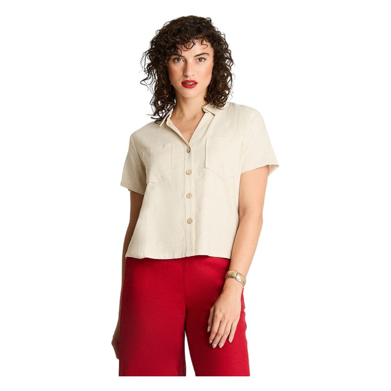 CURVI - Blusa Crop Manga Corta Lino Con Bolsillos Beige