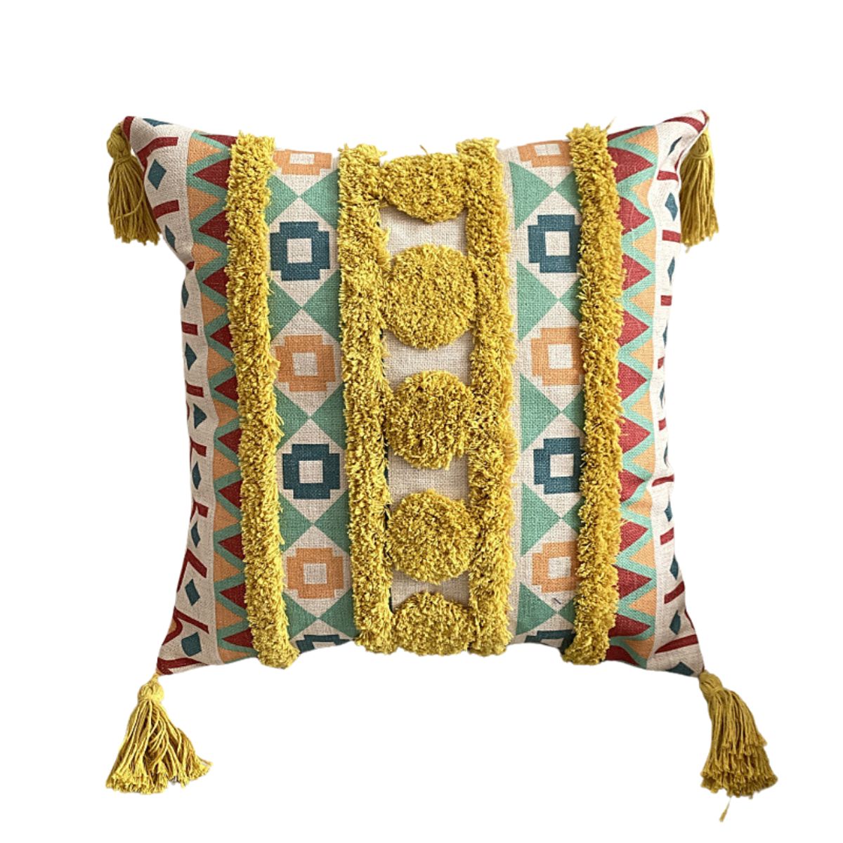 GENERICO - Funda Para Cojín Boho Lino Bordado amarillo 45x45 Cm