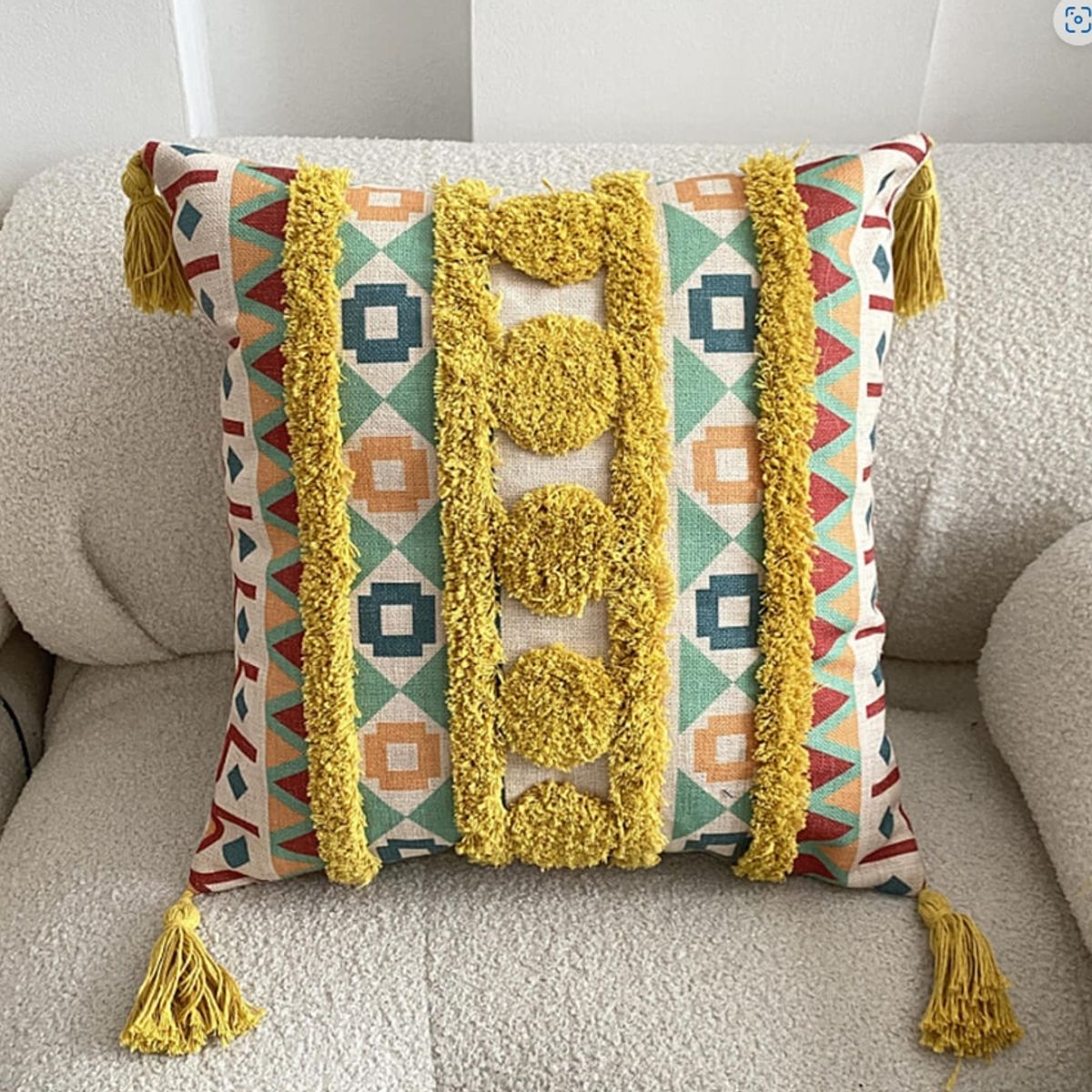 GENERICO - Funda Para Cojín Boho Lino Bordado amarillo 45x45 Cm