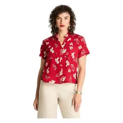 CURVI - Blusa Crop Manga Corta Lino Con Bolsillos Rojo