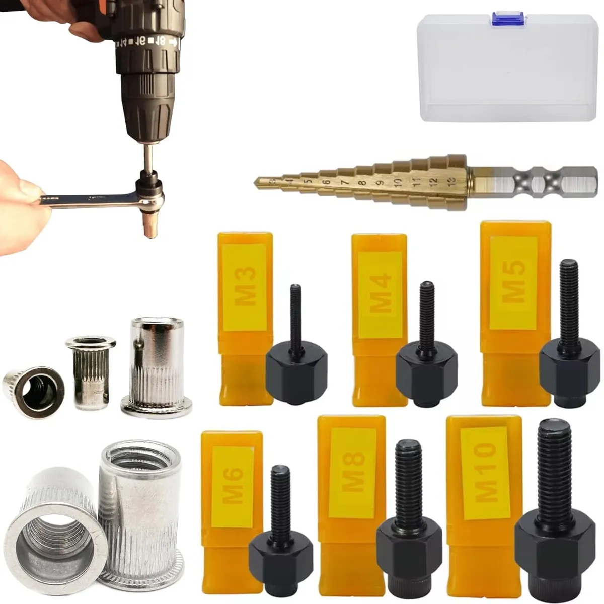 GENERICO - Kit 68pz Adaptador Taladro Remachadora Tuerca M3-m10 Remache