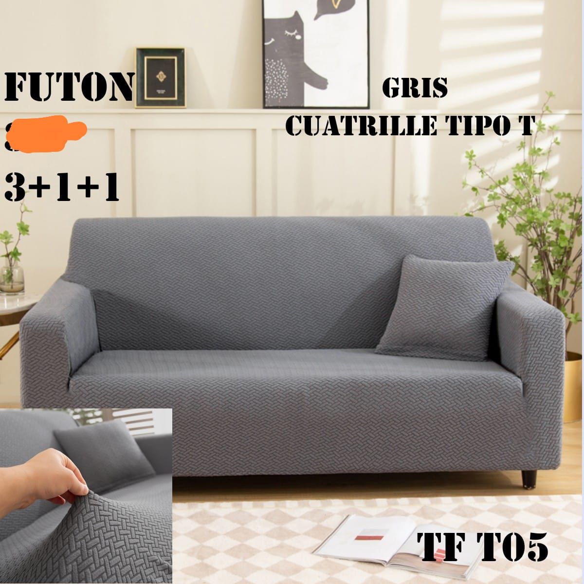 GENERICO - juego 3-1-1 fundas de sillon texturizada elasticada con diseños