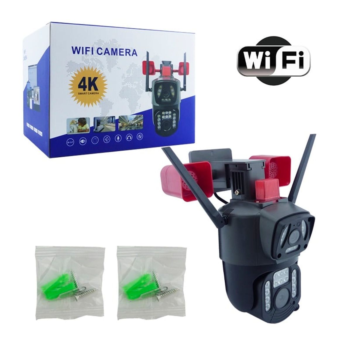 STARTECHOFFICE - Cámara Seguridad WiFi Doble Lente Sirena Baliza IP23 LED HD Visión Nocturna Detección Movimiento