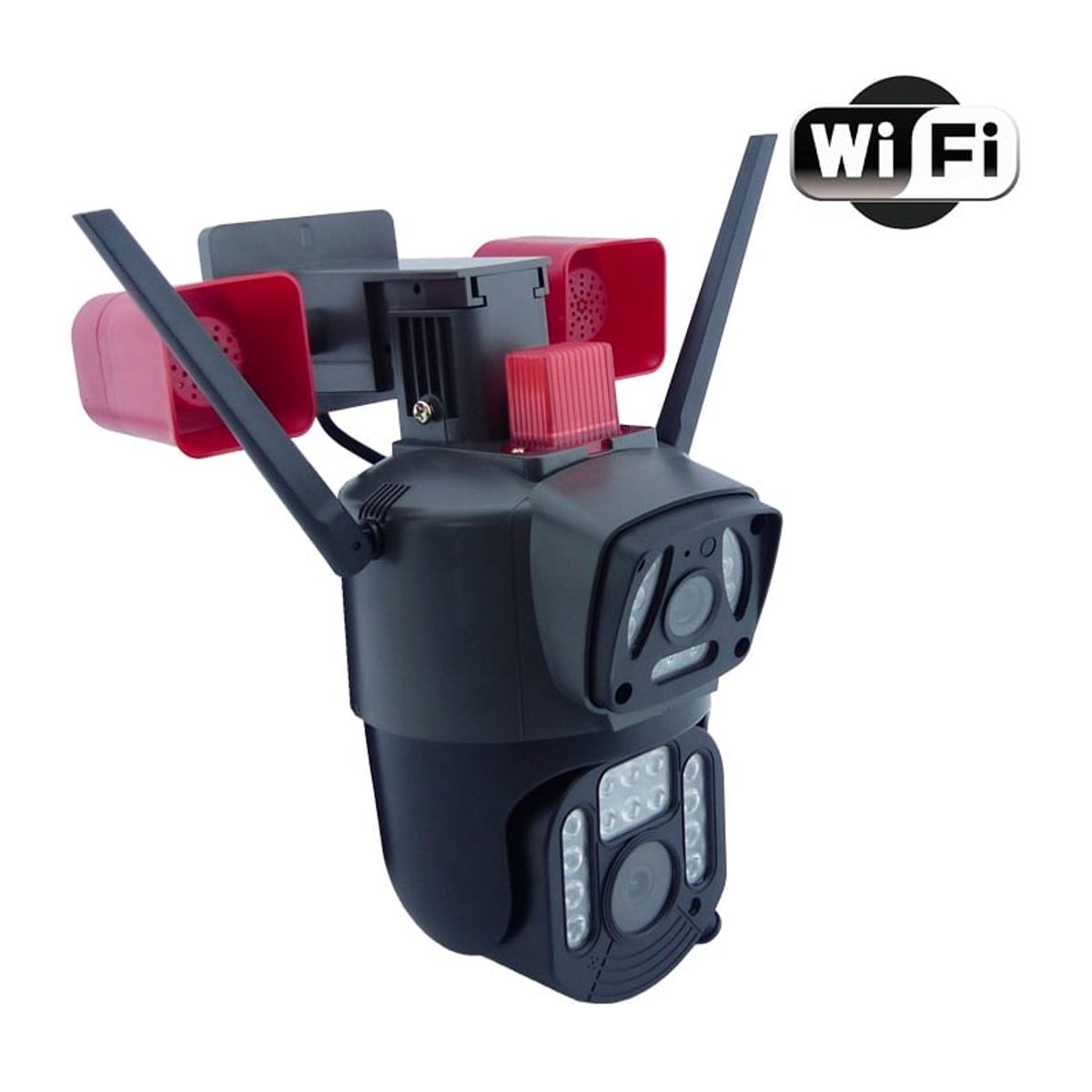 STARTECHOFFICE - Cámara Seguridad WiFi Doble Lente Sirena Baliza IP23 LED HD Visión Nocturna Detección Movimiento