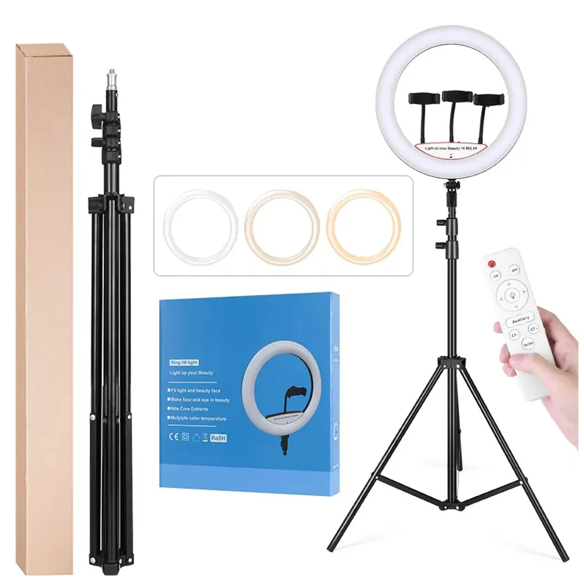 STARTECHOFFICE - Aro LED de 45cm 3 soportes control remoto y atril de 2.10 mts