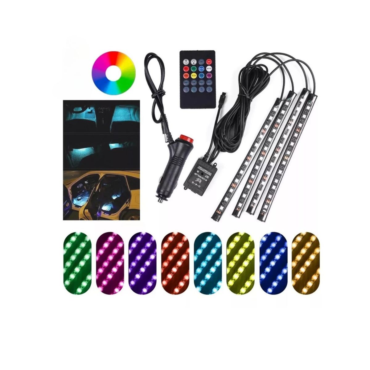 GENERICO - Luz Auto Interior Colores Adhesiva 12led + Control MT