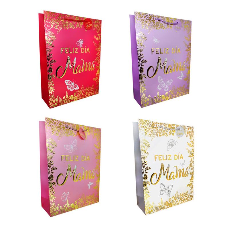 GENERICO - BOLSA DE REGALO MARIPOSA FELIZ DIA MAMA MTALLIC 26X32 X12 UNI