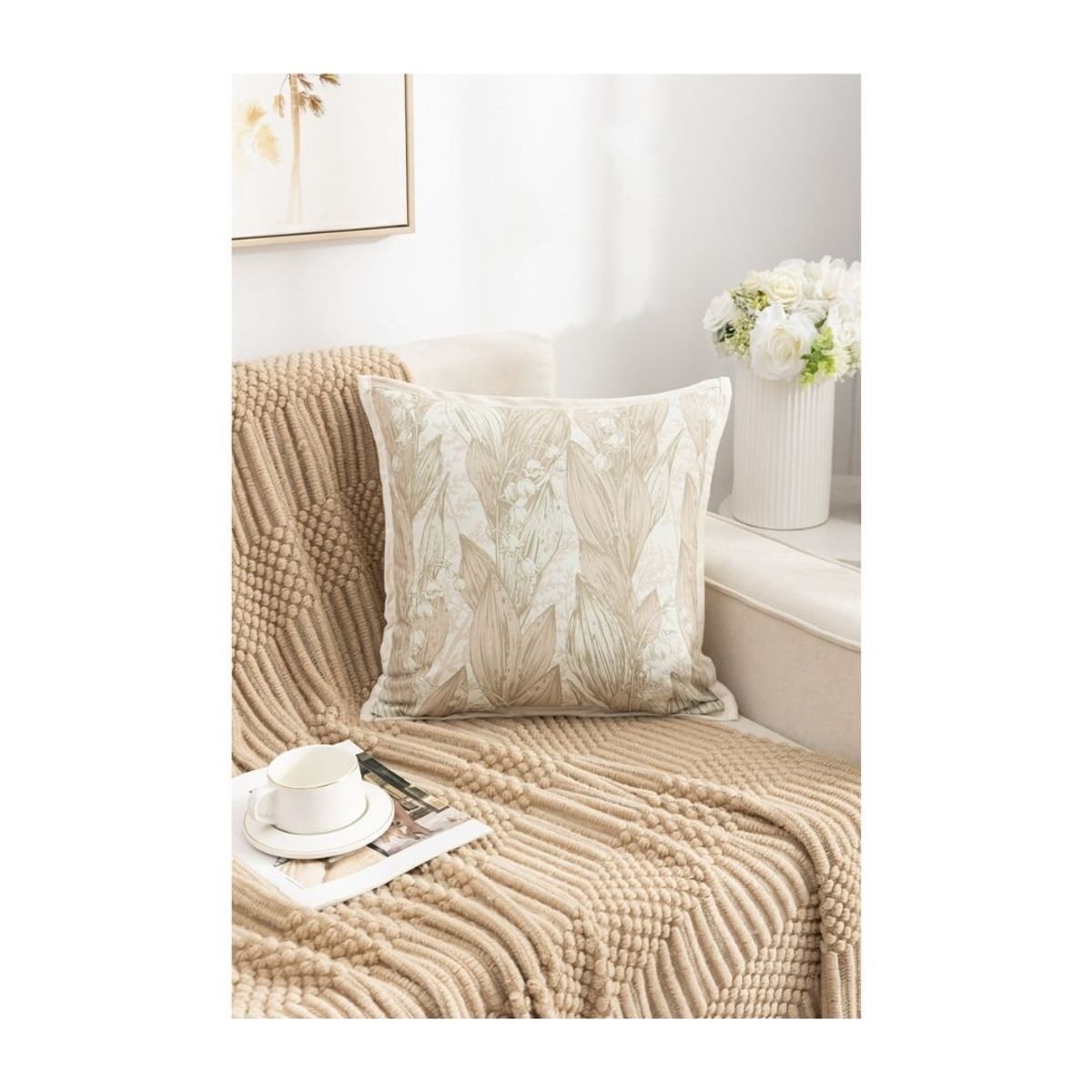 GENERICO - Pack 4 Fundas de Cojín France 45 x 45 cm - Beige Hojas