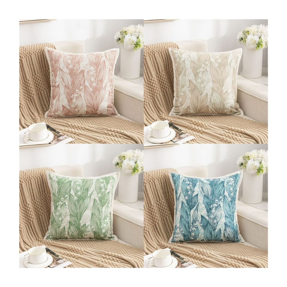 GENERICO - Pack 4 Fundas de Cojín France 45 x 45 cm - Beige Hojas