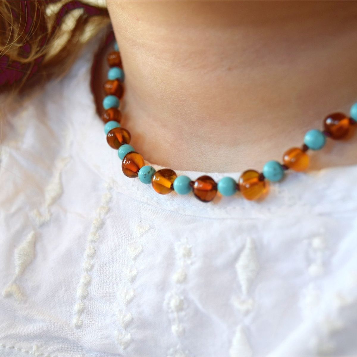 GENERICO - Collar de Ámbar Báltico Certficado y Turquesa para Niños 5-11 años