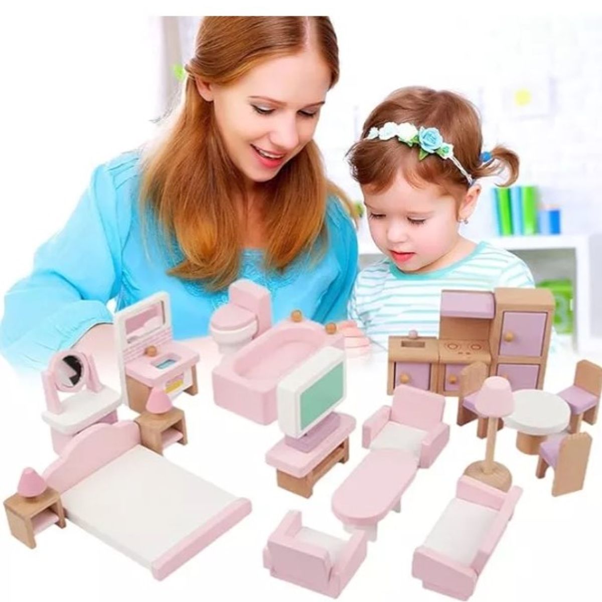 GENERICO - Set Muebles Casa Muñecas Madera 22 Piezas Juego Rol Educativo