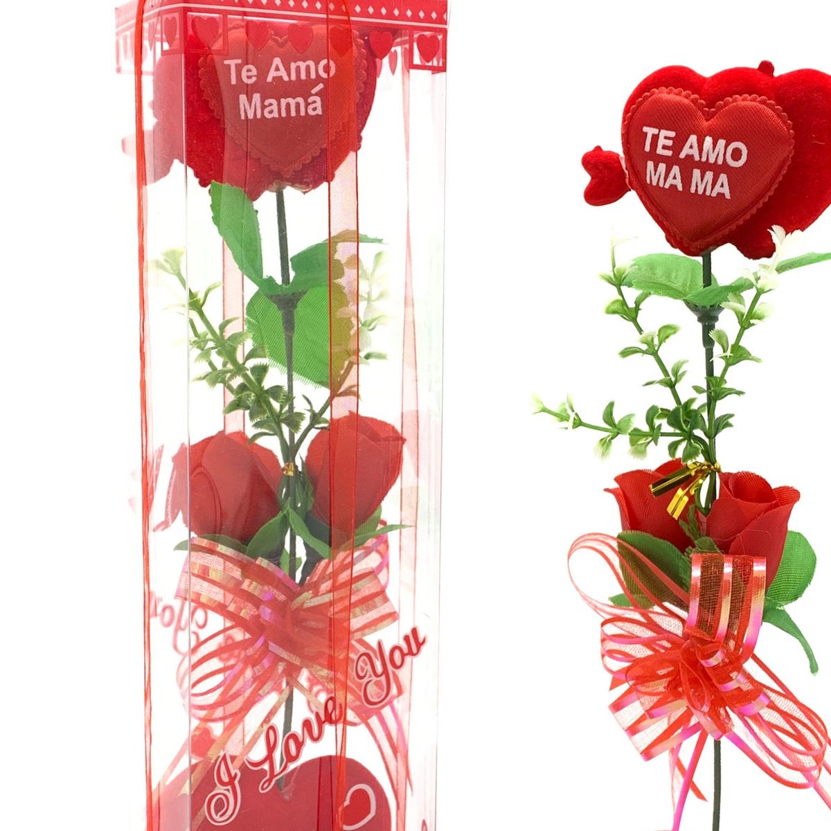 GENERICO - CAJA LARGA CORAZON BASE 3 ROSAS TE AMO MAMA X1 UNI