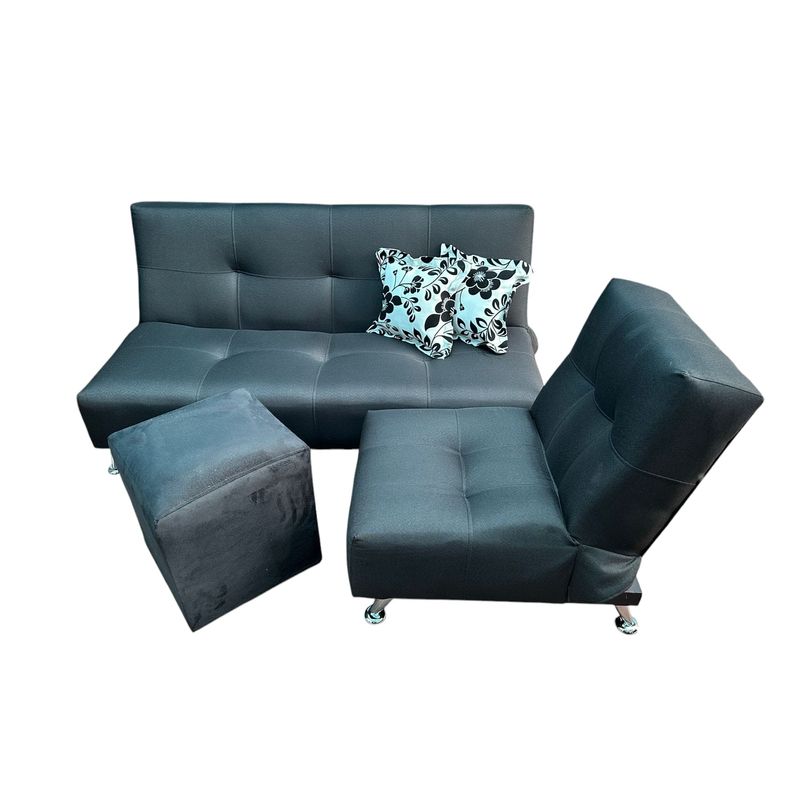 GENERICO - FUTON CAMA + PUFF + FUTON MINI NEGRO LINO