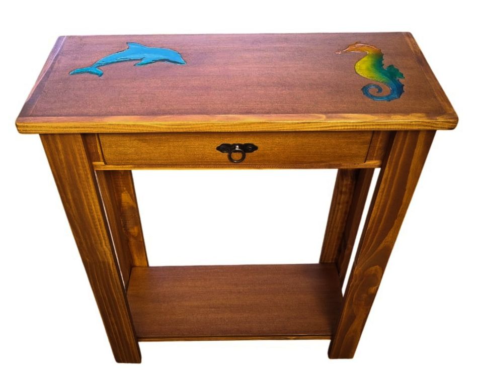 MESA DE ARRIMO CAFE CON GRABADO DE RESINA MARINO