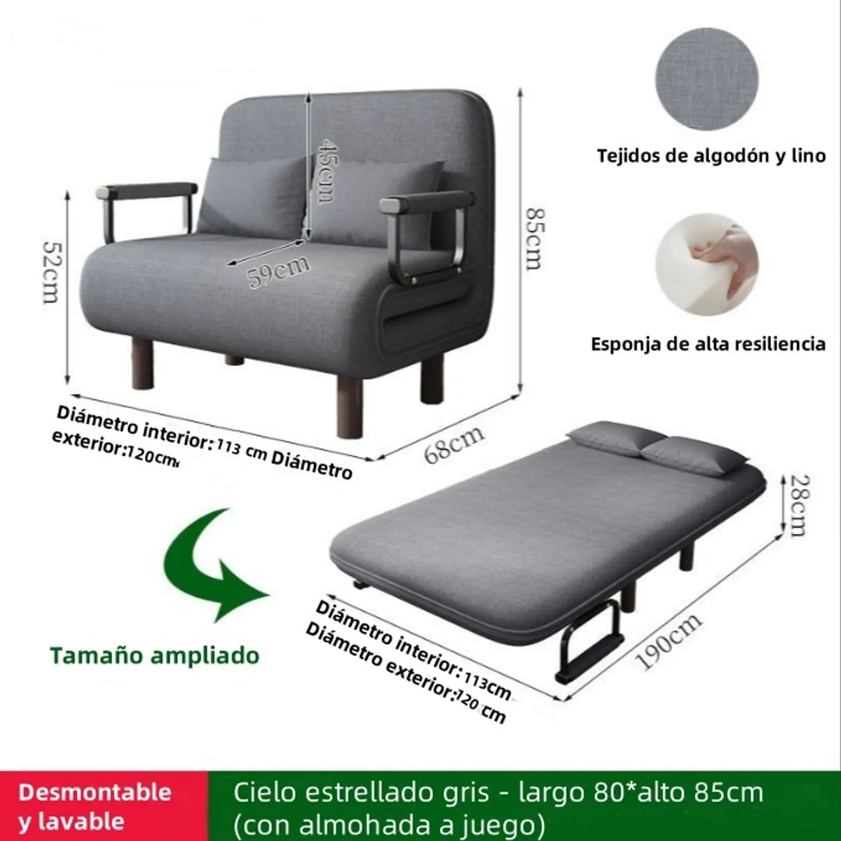 YOMYM - Sofá Cama 120×190cm Tejido De Algodón Y Lino Almacenaje