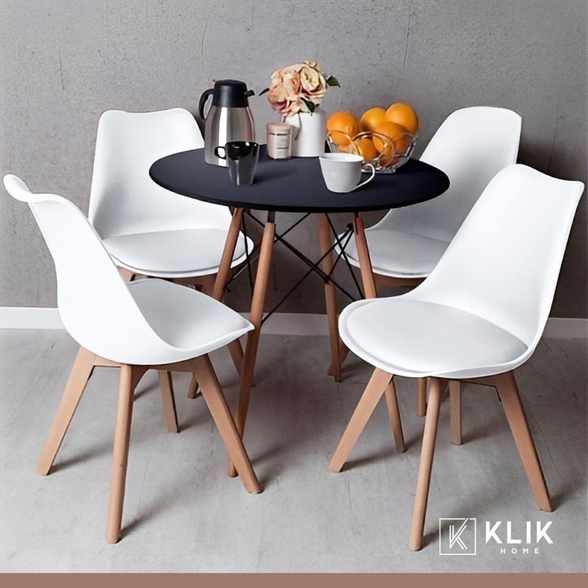 KLIK - Comedor Mesa Eames Negra Redonda 80cm + 4 Sillas Tulip Blancas