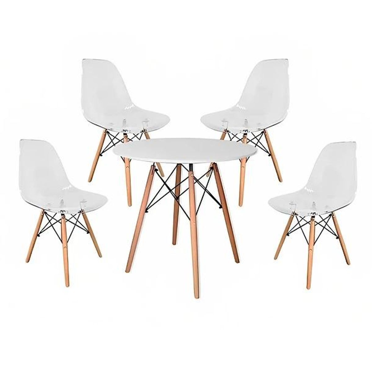 KLIK - Comedor Mesa Eames Redonda Blanca 80cm + 4 Sillas Eames transparentes