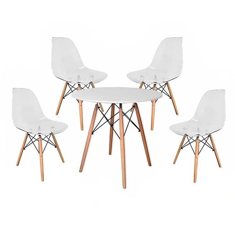 KLIK - Comedor Mesa Eames Redonda Blanca 80cm + 4 Sillas Eames tran