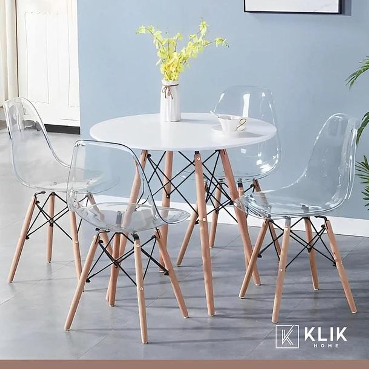 KLIK - Comedor Mesa Eames Redonda Blanca 80cm + 4 Sillas Eames transparentes