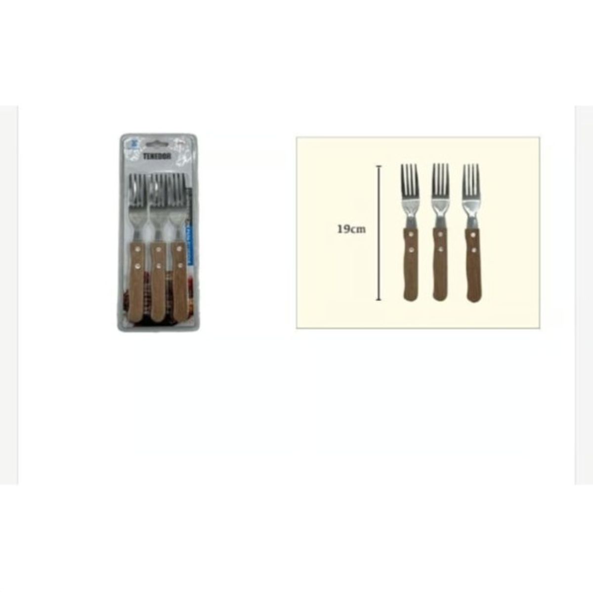 GENERICO - Tenedor Acero Inoxidable 3 Piezas Mango De Madera