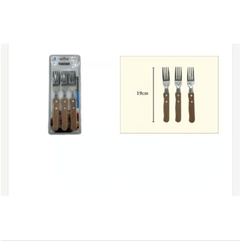 GENERICO - Tenedor Acero Inoxidable 3 Piezas Mango De Madera