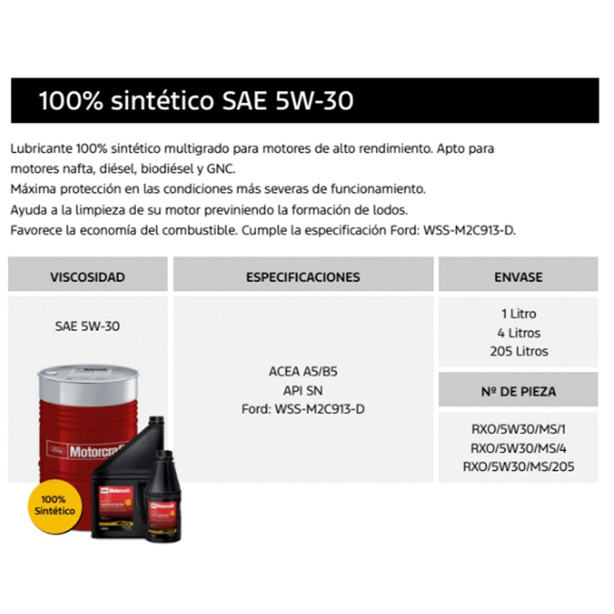 FORD - Aceite Motor Diesel 5w30 Full Ford Motorcraft 1L