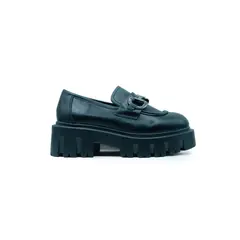 APOSTOL - Hermosos mocasines negros de ecocuero para dama con plataforma y broche negro apóstol en tendencia