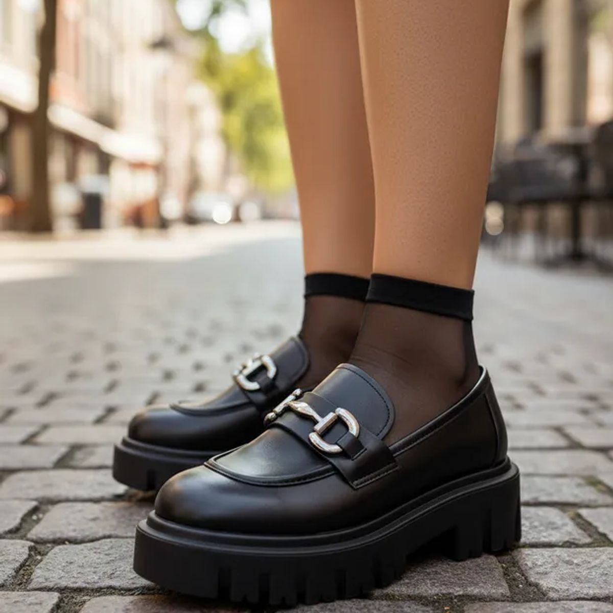 BOVINITA - Mocasines Mujer Plataforma Chunky Suela Track Negro