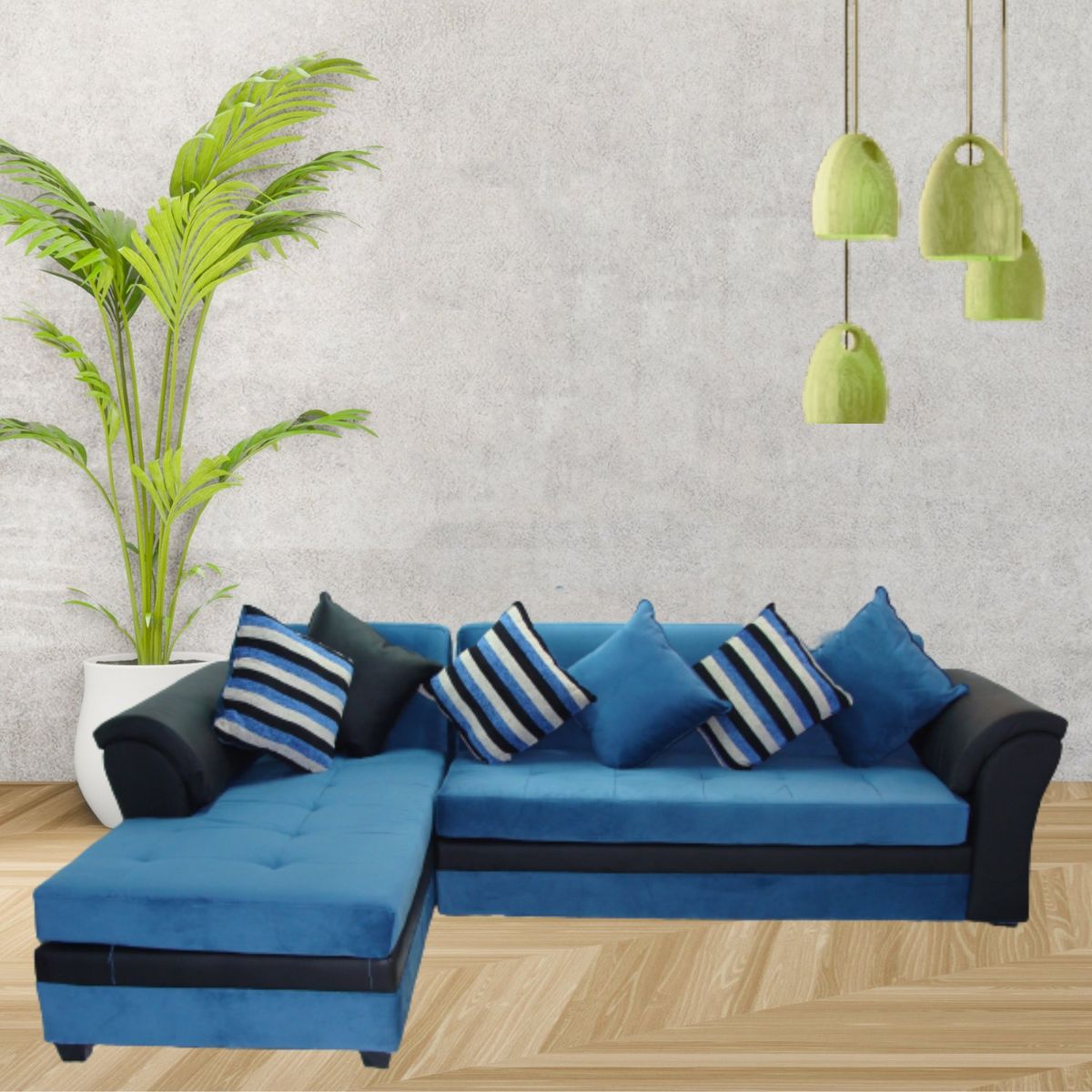 MUEBLERIA LATINA - ML SECCIONAL FELPA MUSTANG GRANDE IZQUIERDO AZUL PETROLEO BRAZO NEGRO