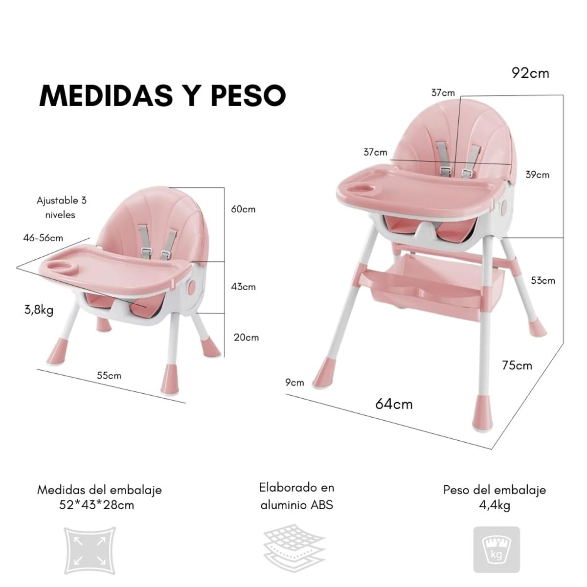 GENERICO - Silla Comedor Plegable Altura Ajustable Para Bebés 3 En 1