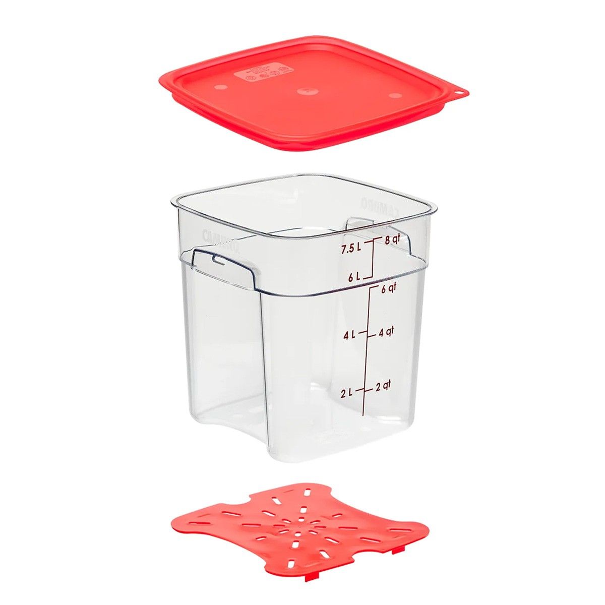 CAMBRO - RECIPIENTE GRADUADO CUADRADO POLICARBONATO 8 LTS CON TAPA ROJA  Y DRENAJE.