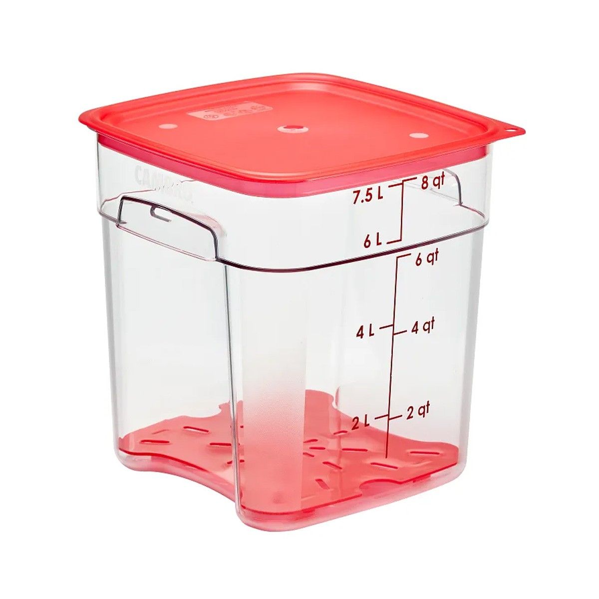 CAMBRO - RECIPIENTE GRADUADO CUADRADO POLICARBONATO 8 LTS CON TAPA ROJA  Y DRENAJE.