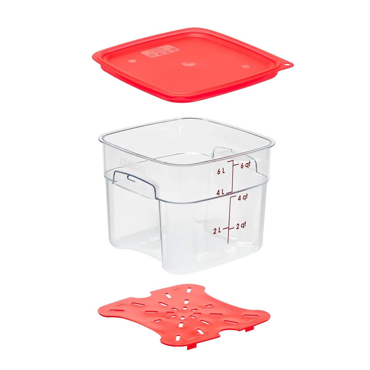 CAMBRO - RECIPIENTE GRADUADO CUADRADO POLICARBONATO 6 LTS CON TAPA ROJA Y DRENAJE.