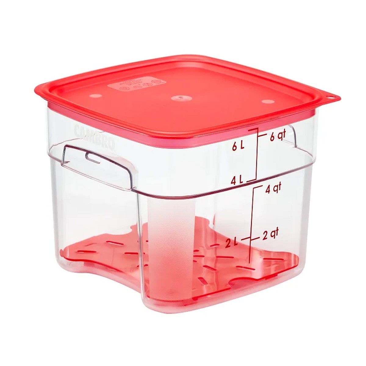 CAMBRO - RECIPIENTE GRADUADO CUADRADO POLICARBONATO 6 LTS CON TAPA ROJA Y DRENAJE.