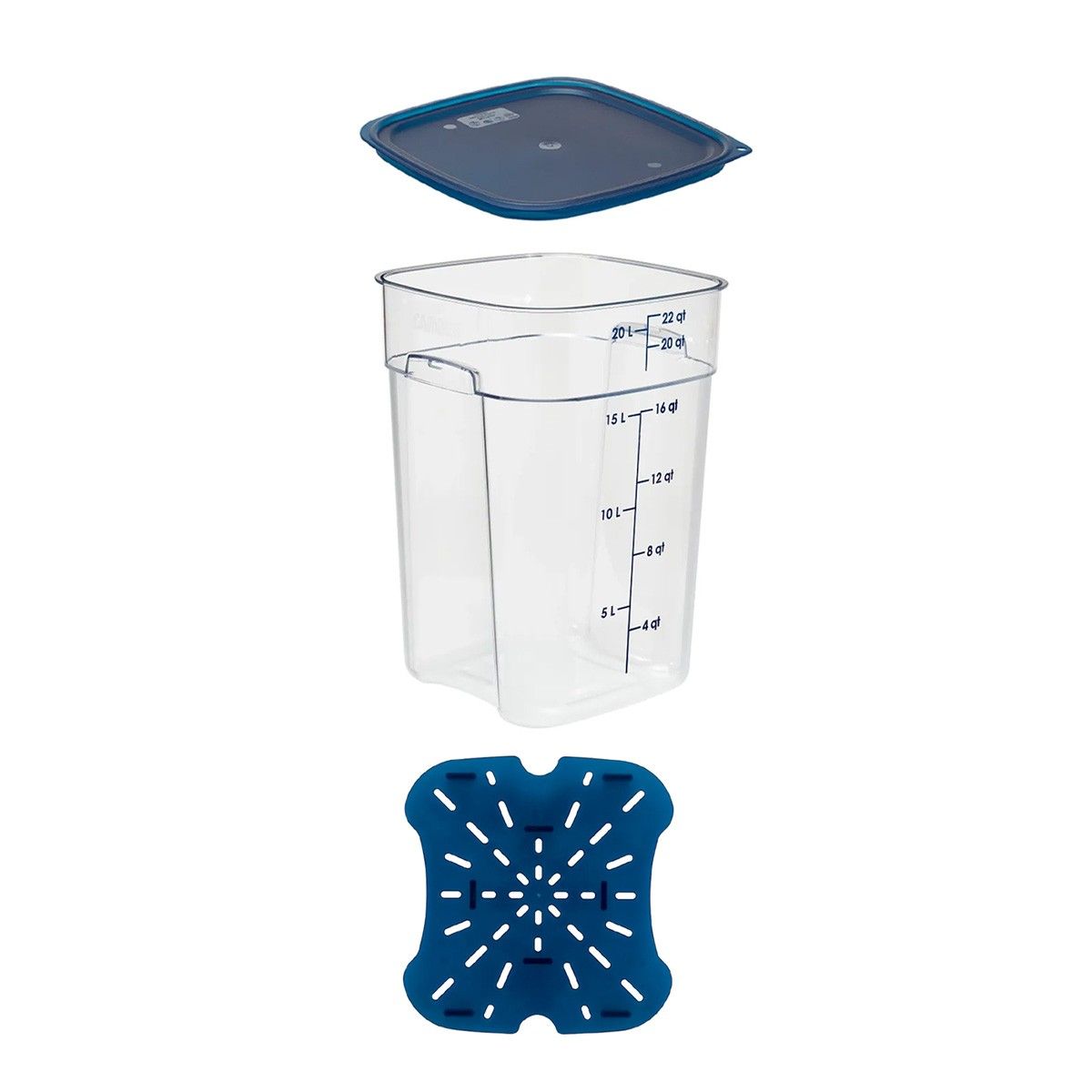 CAMBRO - RECIPIENTE GRADUADO CUADRADO POLICARBONATO 22 LTS CON TAPA AZUL Y DRENAJE.