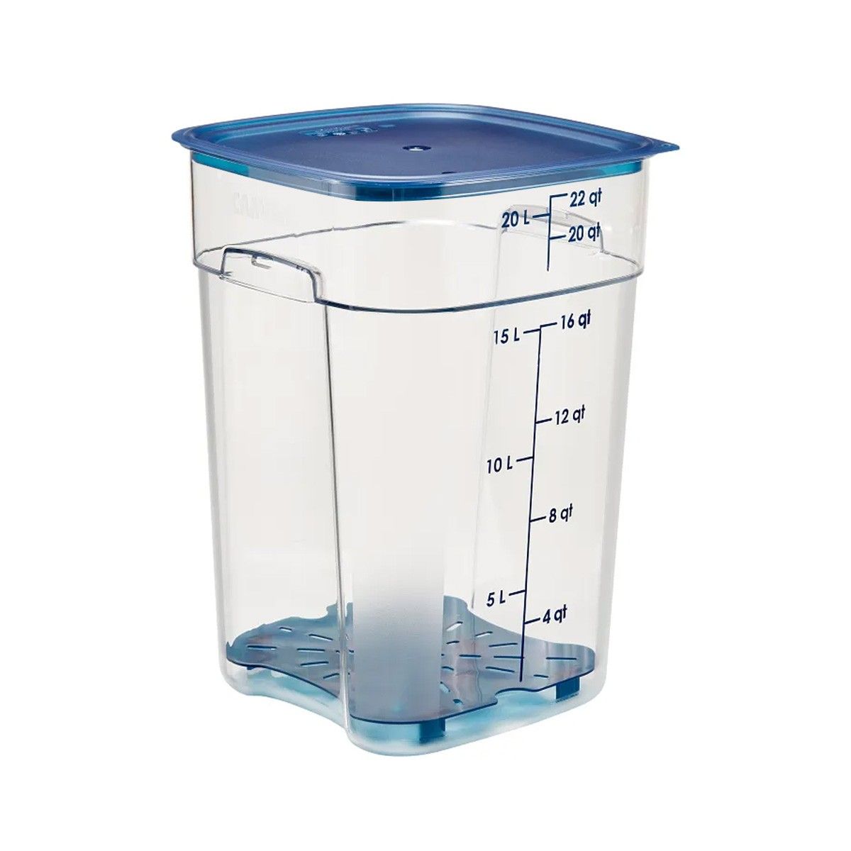 CAMBRO - RECIPIENTE GRADUADO CUADRADO POLICARBONATO 22 LTS CON TAPA AZUL Y DRENAJE.
