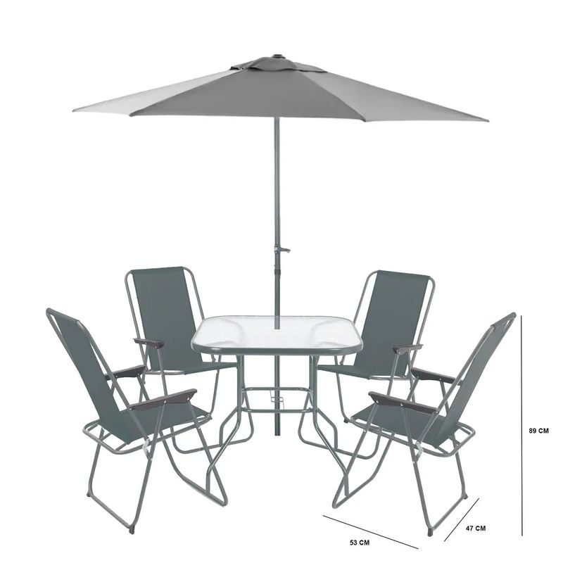 GENERICO - Juego terraza comedor 4 personas gris con quitasol