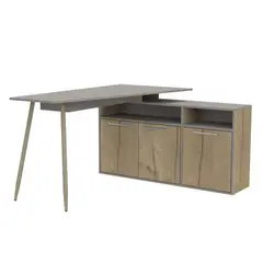 FMFURNITURE - Escritorio En L 3 Puertas Café Claro y Gris 72.5x130x120 cm