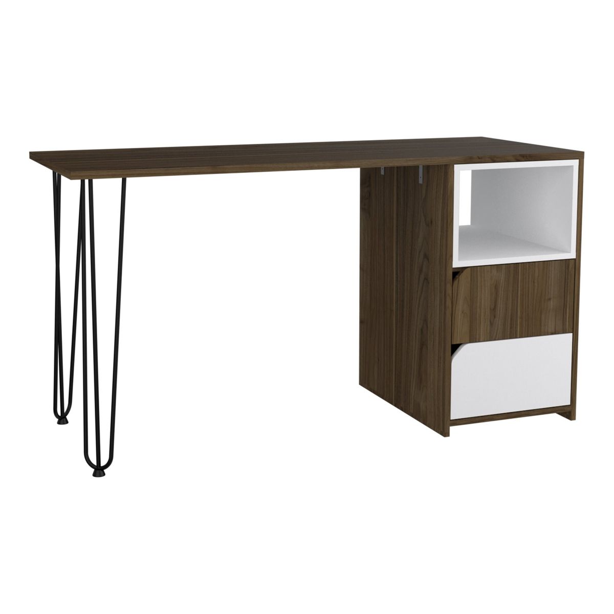 FMFURNITURE - Escritorio 2 Cajones + Pieza Movil Café Oscuro y Blanco 73.3x135x116.5 cm…