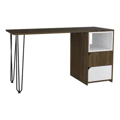 FMFURNITURE - Escritorio 2 Cajones + Pieza Movil Café Oscuro y Blanco 73.3x135x116.5 cm