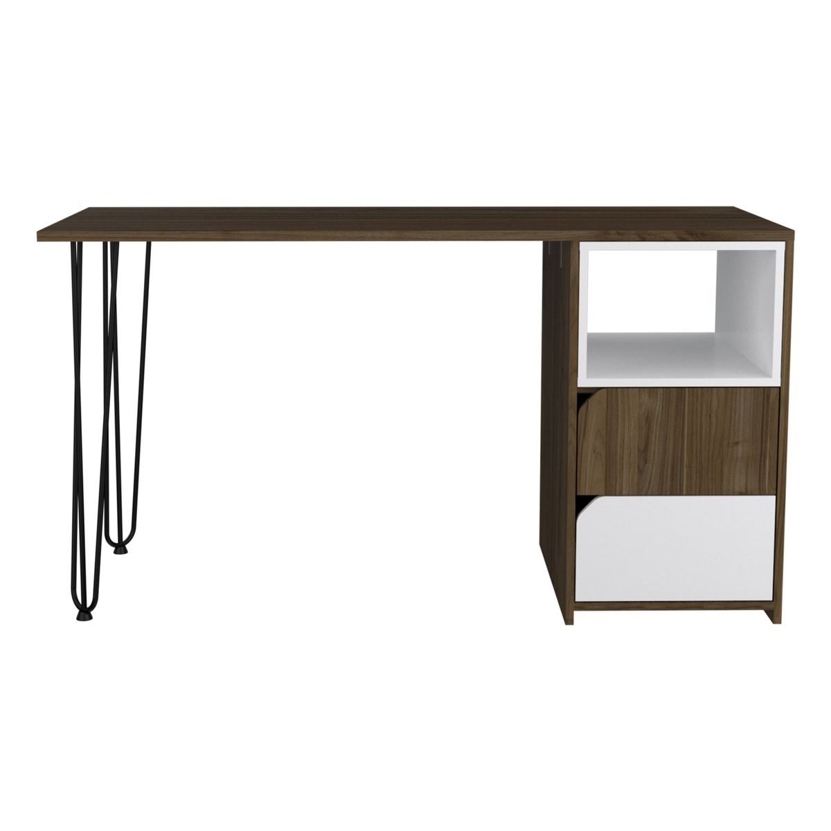 FMFURNITURE - Escritorio 2 Cajones + Pieza Movil Café Oscuro y Blanco 73.3x135x116.5 cm…