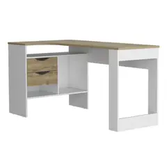 FMFURNITURE - Escritorio En L 2 Cajones Fm-043C Café Claro Y Blanco