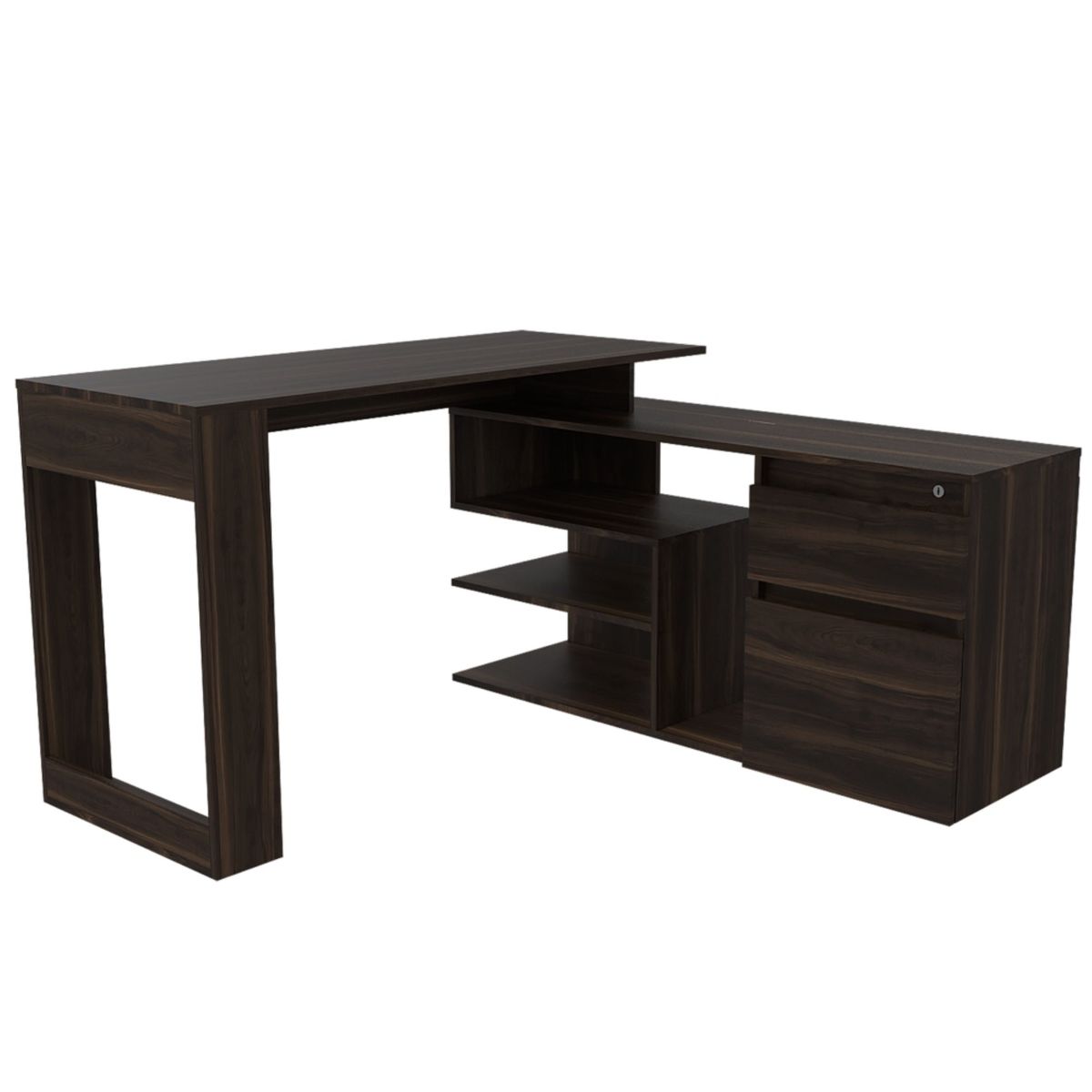 FMFURNITURE - Escritorio En L con 2 Cajones Café Oscuro 73.5x121.5x137.5 cm
