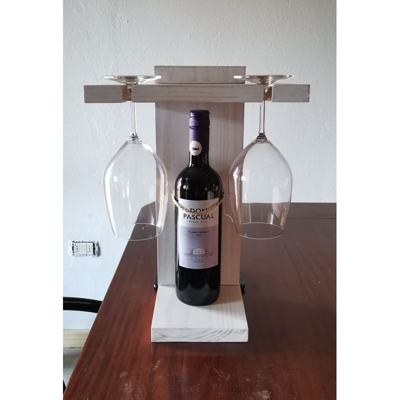 GENERICO - Porta Mini Vino Y 2 Copas De Madera Rustico