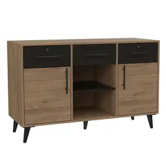 FMFURNITURE - Biffet 3 Cajones 2 Puertas Café Claro y Plomo 75x116.8x45.6 cm